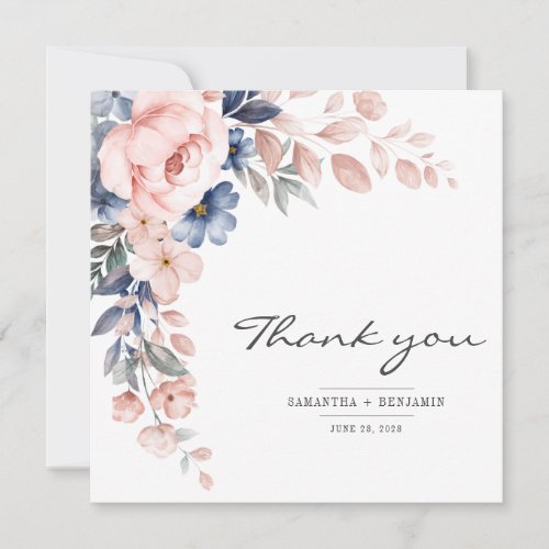 Elegant Floral Pink Blue Watercolor Wedding Thank You Card