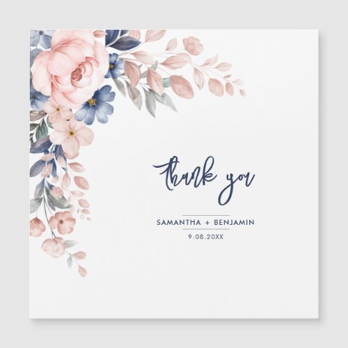 Elegant Floral Pink Blue Wedding Script Thank You
