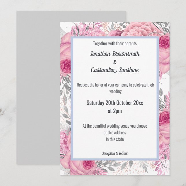 ELEGANT FLORAL PINK BLUE WHITE WEDDING INVITATION (Front/Back)