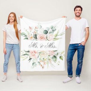 Elegant Floral Pink Blush Watercolor Mr. & Mrs. Fleece Blanket