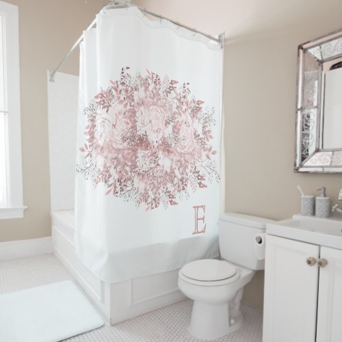 Elegant Floral Pink Bouquet Monogram Shower Curtain