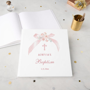 Elegant Floral Pink Bow Baptism Guest Book