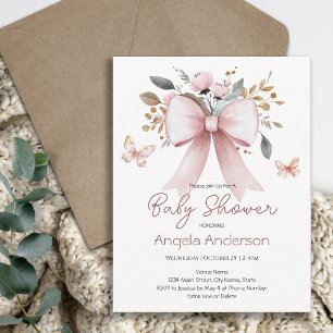 Elegant Floral Pink Bow Butterfly Baby Shower Invitation
