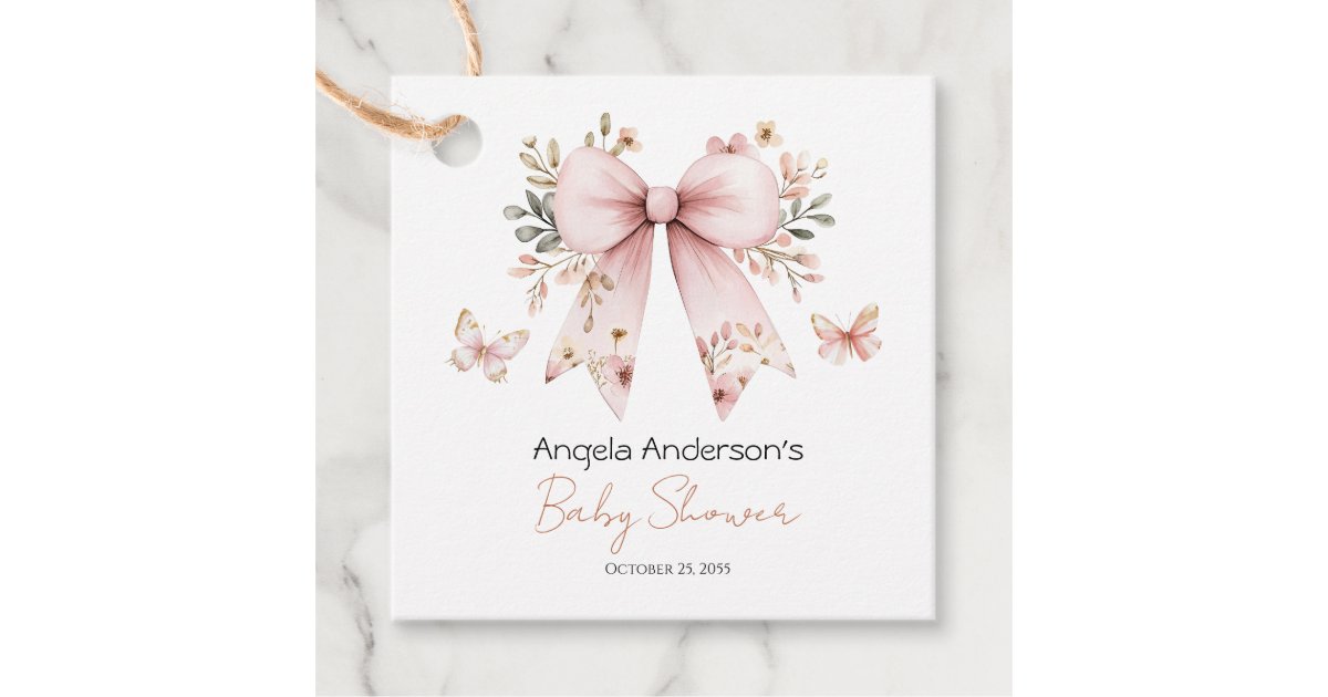 Elegant Floral Pink Bow Girl Baby Shower Favor Tags | Zazzle