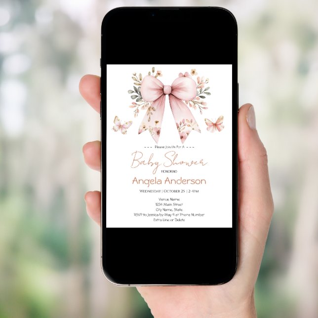 Elegant Floral Pink Bow Girl Baby Shower Invitation (Front Digital)