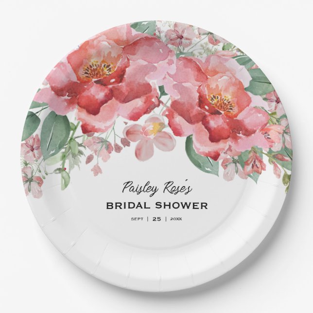 Elegant Floral Pink Bridal Shower Paper Plates (Front)