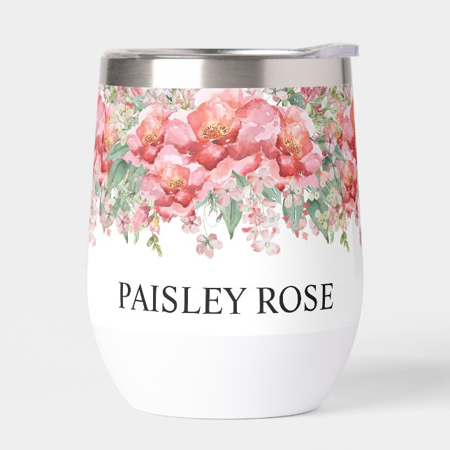 Elegant Floral Pink Bridal Shower Thermal Wine Tumbler (Left)