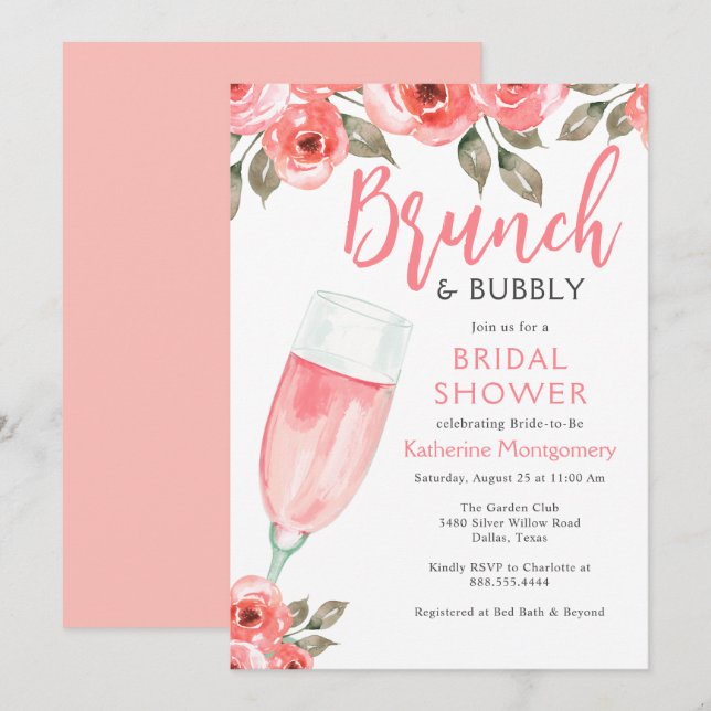 Elegant Floral Pink Brunch & Bubbly Bridal Shower Invitation (Front/Back)