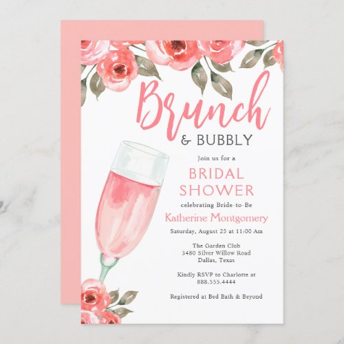Elegant Floral Pink Brunch  Bubbly Bridal Shower Invitation