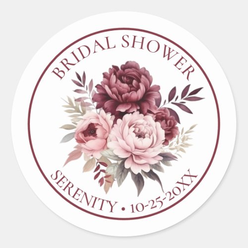 Elegant Floral Pink Burgundy Peony Bridal Shower Classic Round Sticker