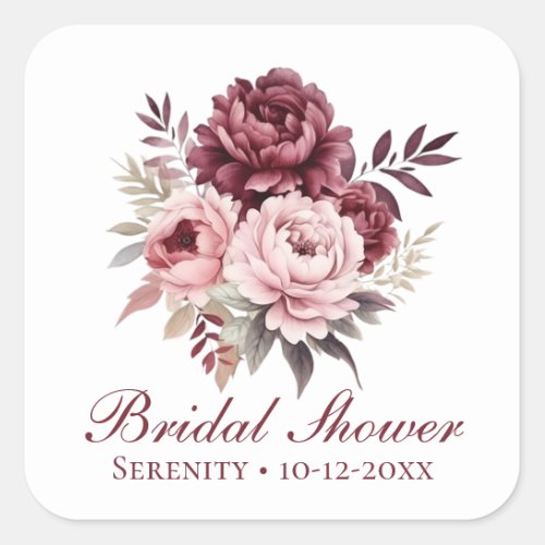 Elegant Floral Pink Burgundy Peony Bridal Shower Square Sticker