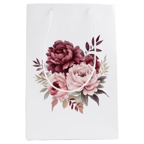 Elegant Floral Pink Burgundy Watercolor Peony Medium Gift Bag