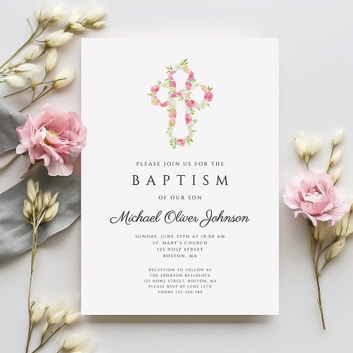 Elegant Floral Pink Cross Baptism Invitation