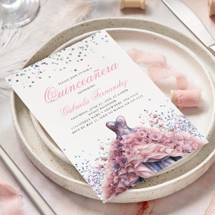 Elegant Floral Pink Dress Quinceanera Invitation