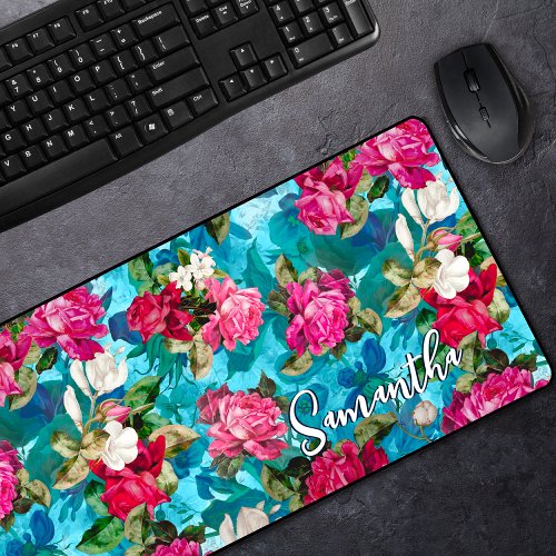 Elegant floral pink flowers blue pattern desk mat