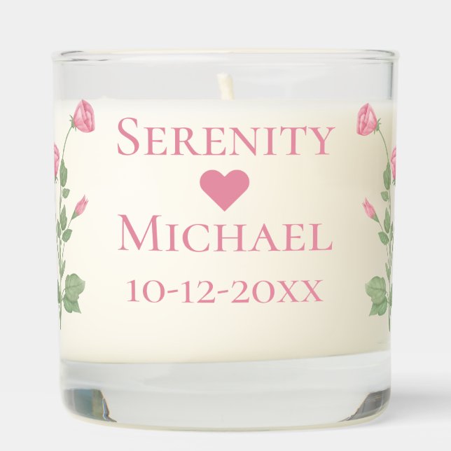 Elegant Floral Pink Flowers Personalized Wedding Scented Candle (Right)