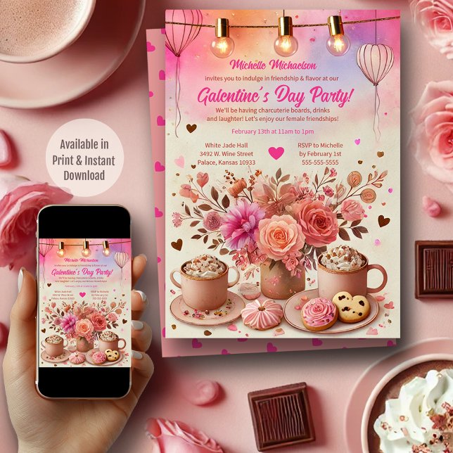 Elegant Floral Pink Galentine's Day Party Invitation (Creator Uploaded)