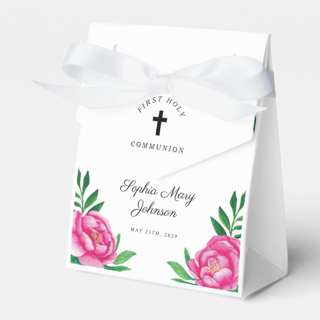 Elegant Floral Pink Girl First Communion  Favor Boxes (Front Side)