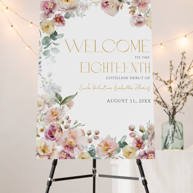Elegant Floral Pink Gold 18th Birthday Welcome Foam Board (In Situ (Stand))
