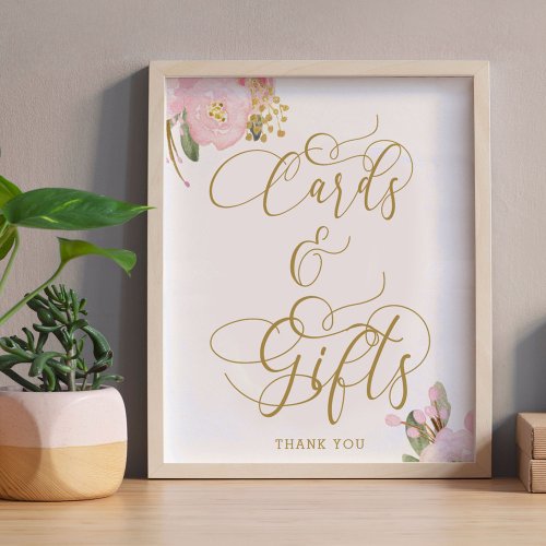 Elegant Floral Pink Gold Cards and Gifts Sign