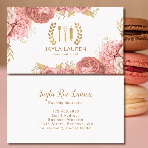 Elegant Floral Pink Gold Chef Bakery Catering Business Card