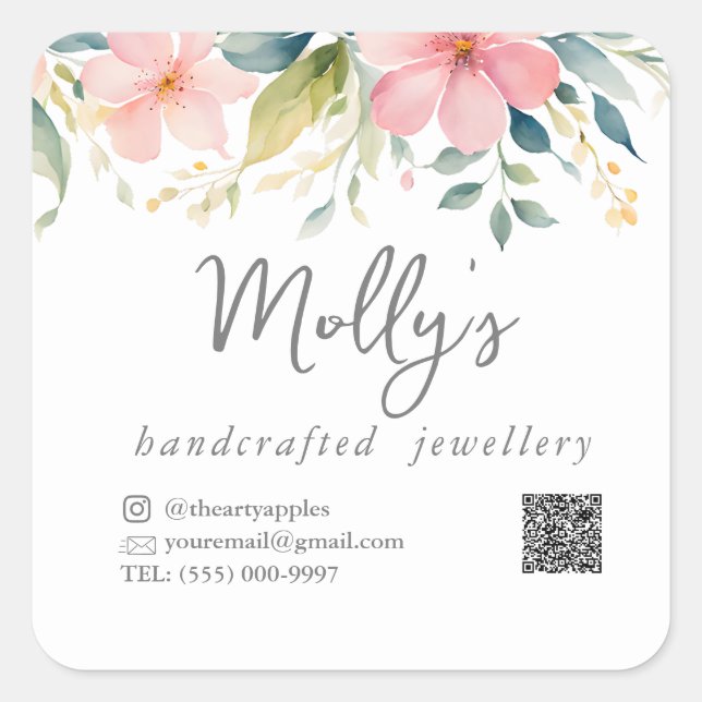 Elegant floral  Pink & Gray handcrafted jewelry Square Sticker (Front)