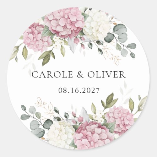 Elegant Floral Pink Hydrangea Greenery Wedding Classic Round Sticker