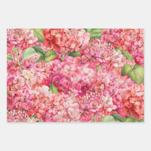 Elegant Floral Pink Hydrangea Pattern Wrapping Paper Sheets