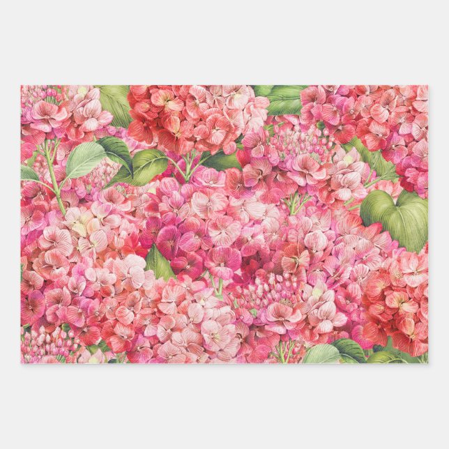 Elegant Floral Pink Hydrangea Pattern Wrapping Paper Sheets (Front 3)