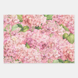 Elegant Floral Pink Hydrangea Pattern Wrapping Paper Sheets