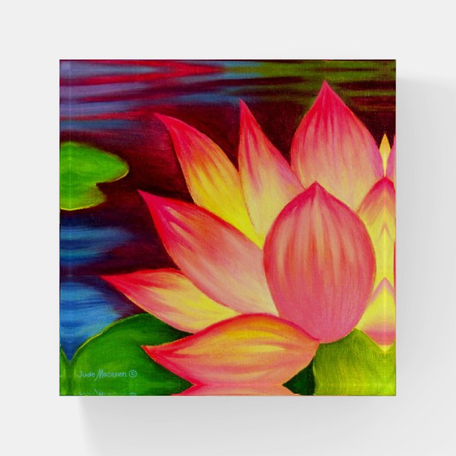 Elegant Floral Pink Lotus Flowers Painting Paperweight (Front)