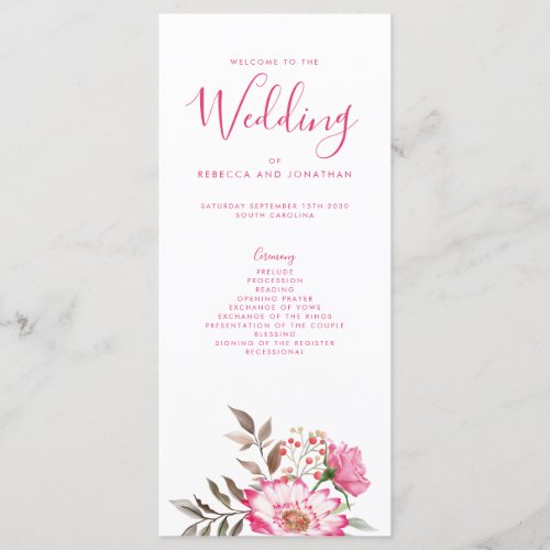 Elegant Floral Pink Minimal Wedding Program
