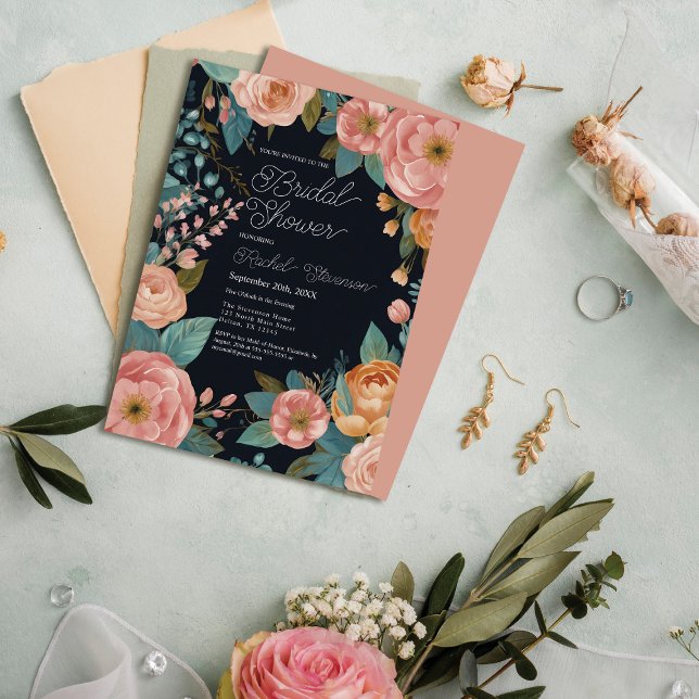 Elegant Floral Pink Navy Peonies Bridal Shower Invitation (Creator Uploaded)