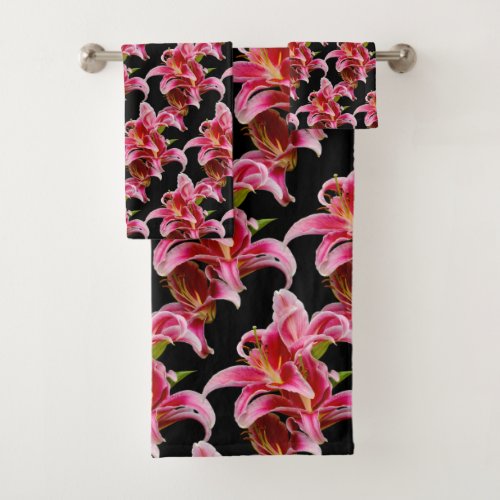 Elegant Floral Pink Oriental Lilies Bath Towel Set