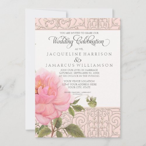 Elegant Floral Pink Peony Flowers Vintage Wedding Invitation