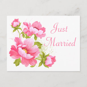 Elegant Floral Pink Peony Just Married Wedding Announcement Postcard