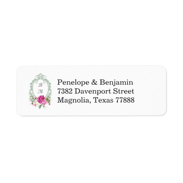 Elegant Floral Pink Peony Monogram Wedding Address Label (Front)