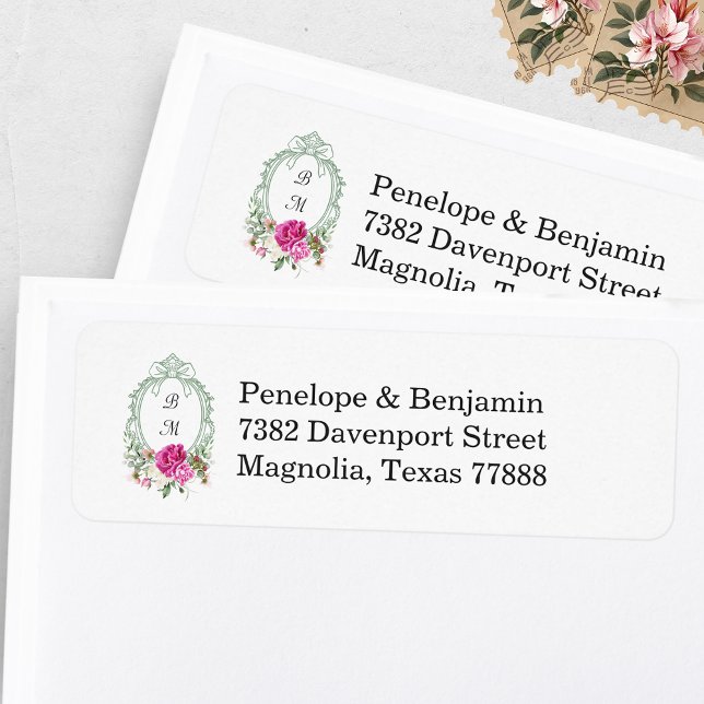 Elegant Floral Pink Peony Monogram Wedding Address Label (Creator Uploaded)