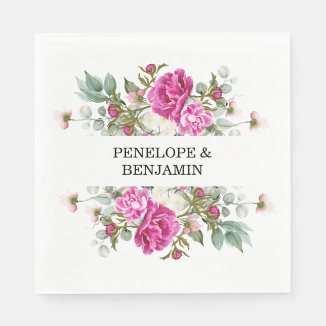 Elegant Floral Pink Peony Monogram Wedding Napkins (Front)