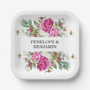 Elegant Floral Pink Peony Monogram Wedding Paper Plates