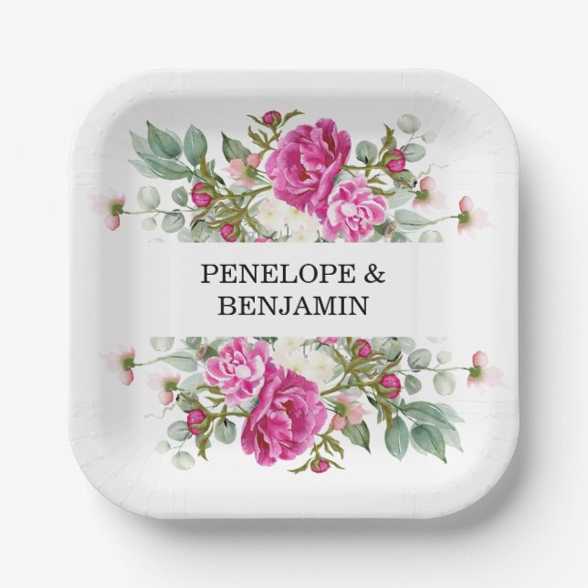 Elegant Floral Pink Peony Monogram Wedding Paper Plates (Front)