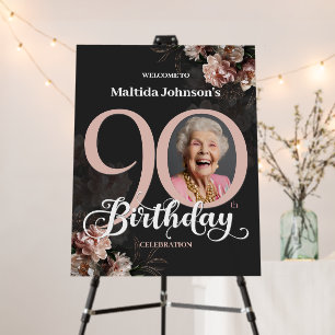 Elegant Floral Pink Photo 90th Birthday Party Foam Board