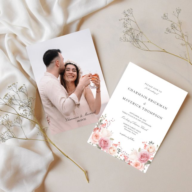 Elegant Floral Pink Photo  Wedding  Invitation (Creator Uploaded)