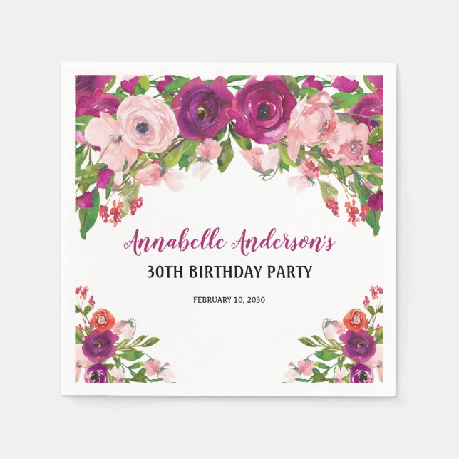 Elegant Floral Pink Purple Watercolor Birthday Napkins (Front)
