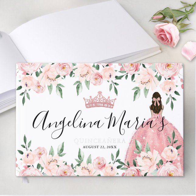 Elegant Floral Pink Quinceanera Foil Guest Book (Elegant Floral Purple Quinceanera Foil Guest Book )