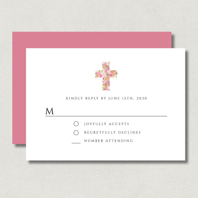 Elegant Floral Pink Religious Cross Girl Baptism RSVP Card (Elegant Floral Pink Religious Cross Girl Baptism RSVP Card)