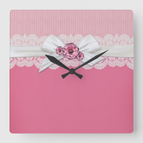 Elegant Floral Pink Ribbon Clock