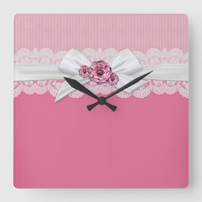 Elegant Floral Pink Ribbon Clock (Front)