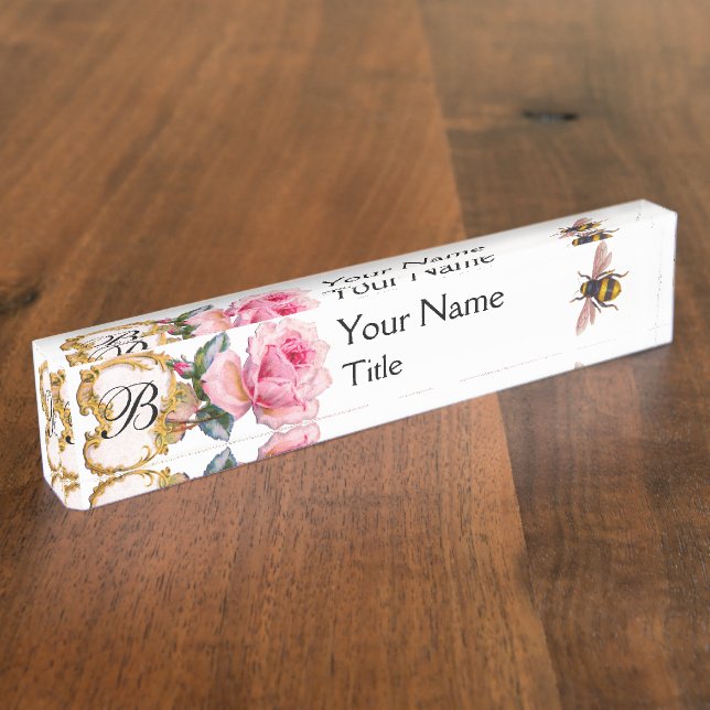 ELEGANT FLORAL, PINK ROSE AND HONEY BEE  MONOGRAM DESK NAME PLATE (Side)