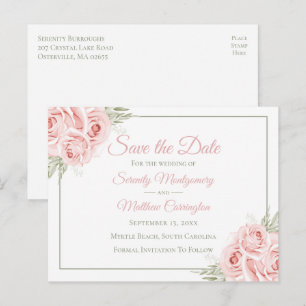 Elegant Floral Pink Rose Garden Wedding Save Date Announcement Postcard